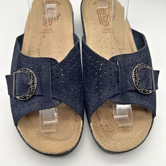 Fly Flot Blue Suede Anti Shock Anatomic Slide Cushioned Sandals Women US 8 Italy - Picture 2 of 11